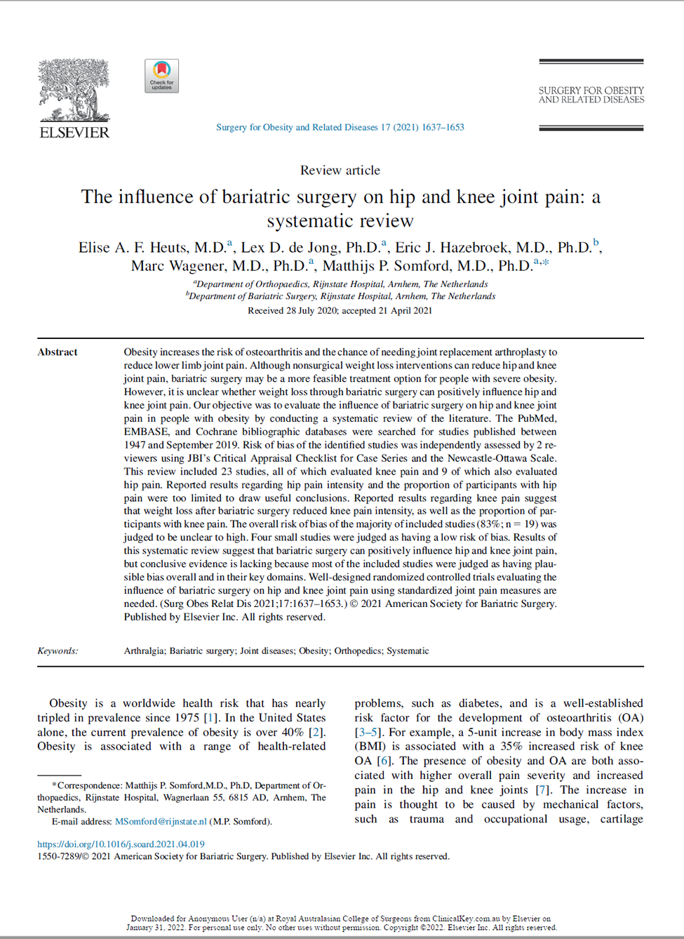 Improvement in hip and knee pain after bariatric surgery